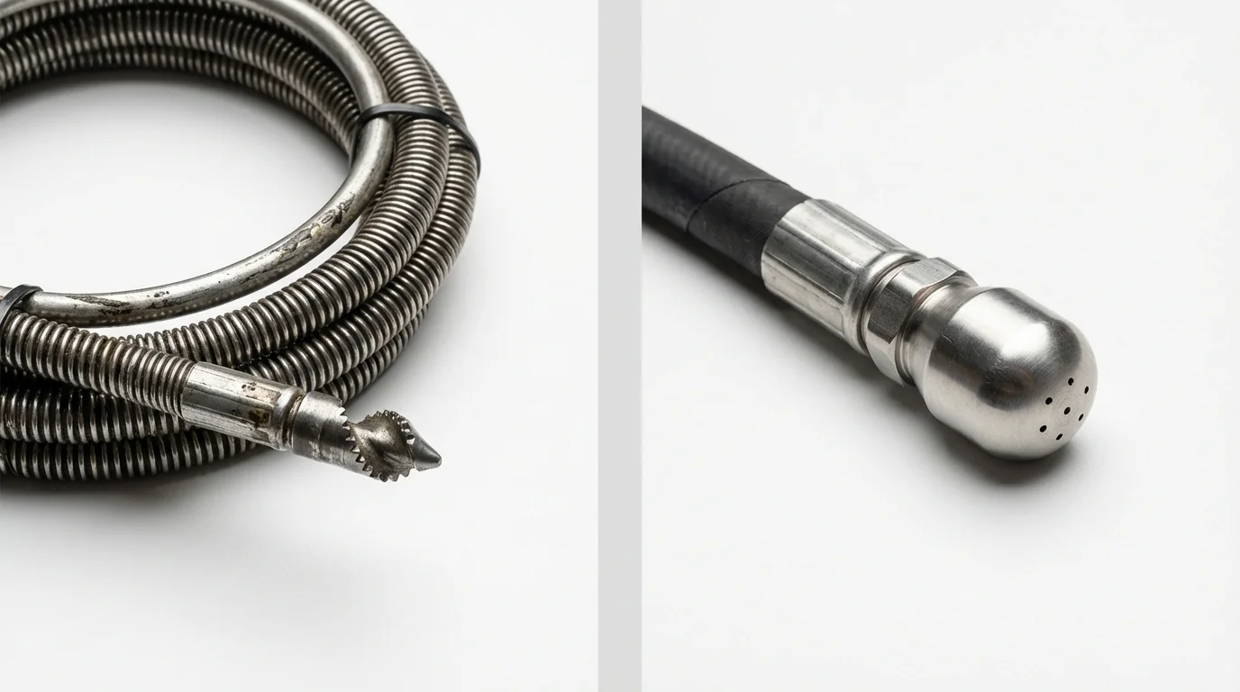 Drain snake cable and hydro jetting nozzle used for drain cleaning in Ravenna, MI