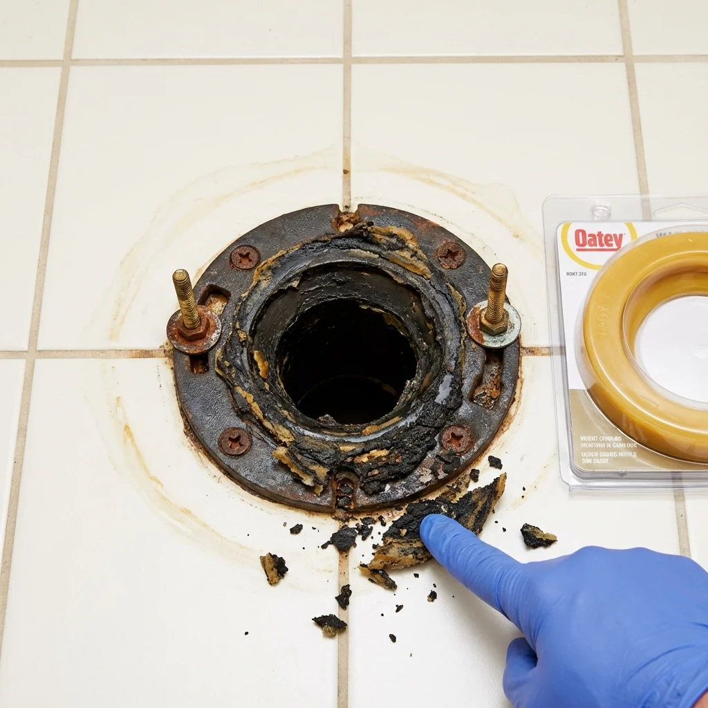 Failed wax ring showing water seepage at the base of a toilet in a Ravenna, MI home