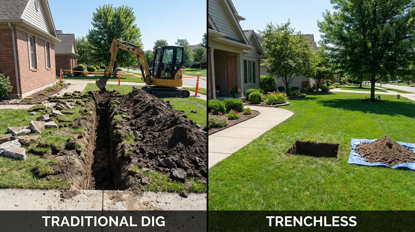 Trenchless sewer repair with minimal yard damage versus traditional excavation in Ravenna, MI