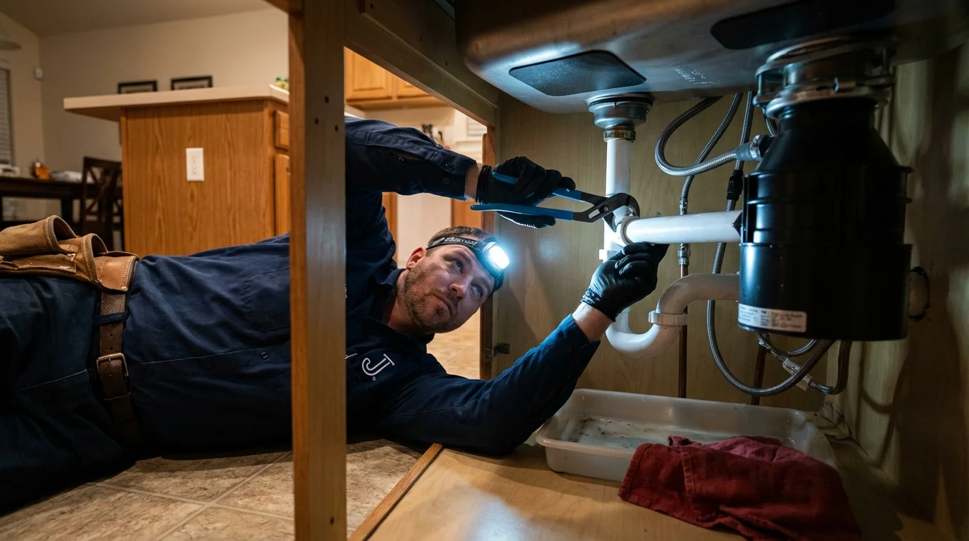 P-trap and supply line connections under a kitchen sink showing a common leak point in Ravenna, MI